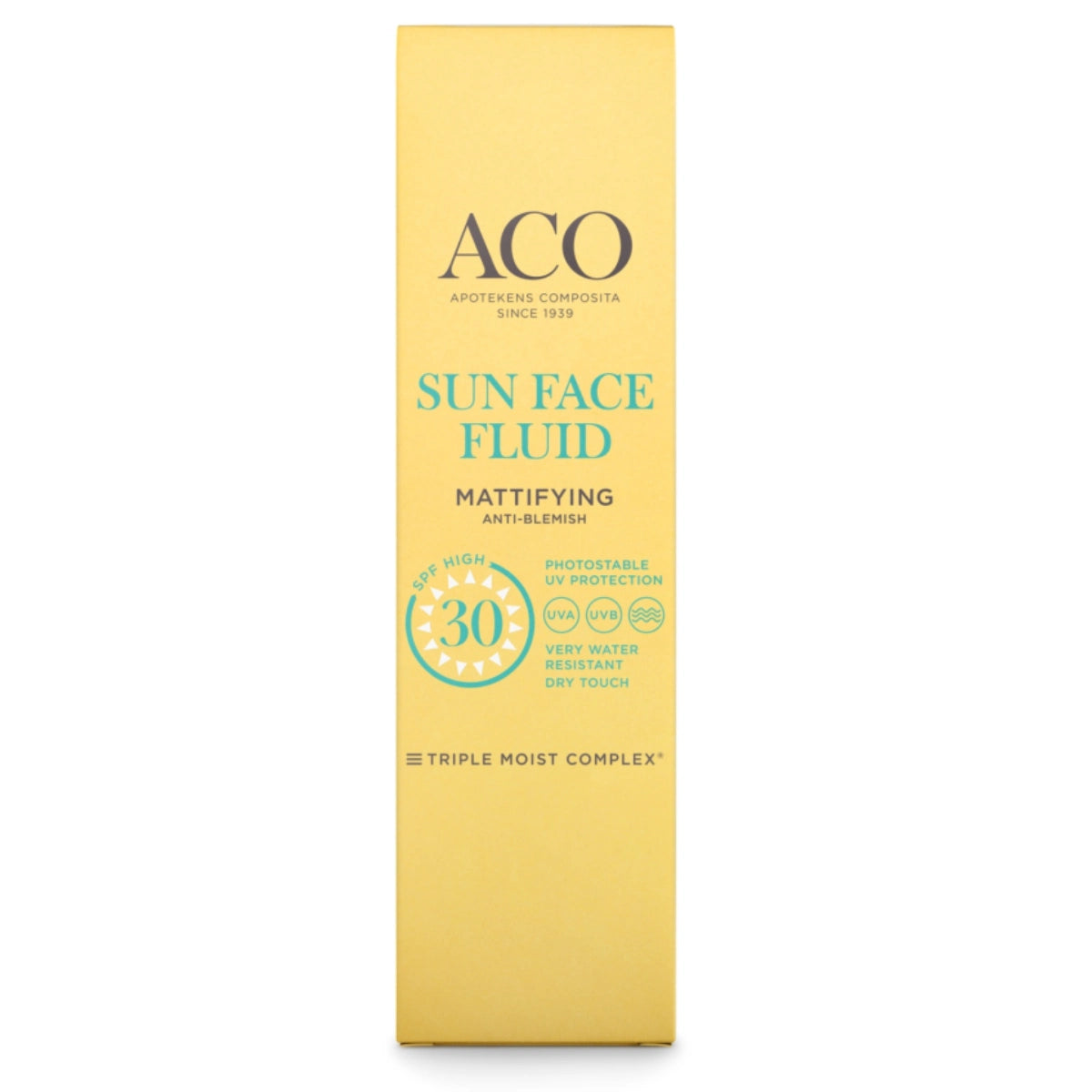 ACO Sun Face Fluid Mattifying SPF30 aurinkovoide kasvoille 40 ml vähentää kiiletyä ja jättää mattapinnan kasvoille
