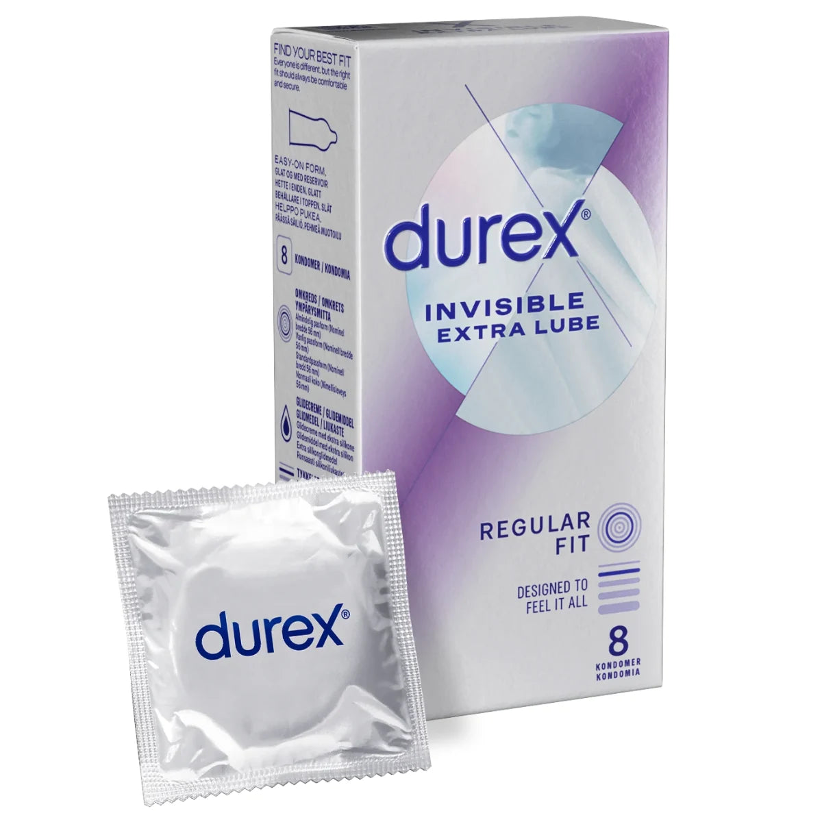 DUREX Invisible Extra Lube Regular Fit Kondomi sisältää runsaammin liukastetta