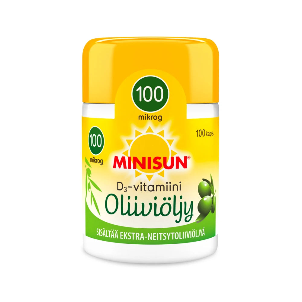 MINISUN D3-vitamiini 100 mikrog Oliiviöljy 100 kpl tehokkaasti imeytyvää D3-vitamiinia korkealaatuisessa extra-neitsytoliiviöljyssä