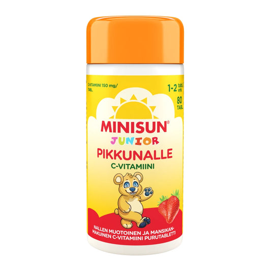 MINISUN Junior Pikkunalle C-vitamiini mansikka 100 kpl lasten makuun sopiva nallenmuotoinen ja mansikan makuinen purutabletti