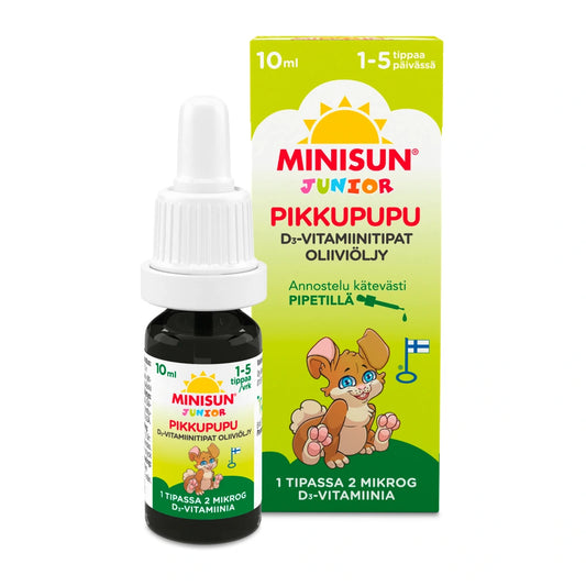 MINISUN Junior Pikkupupu D3-vitamiinitipat oliiviöljyssä 10 ml Helppokäyttöinen, ekstra-neitsytoliiviöljyä sisältävä D3-vitamiinivalmiste 