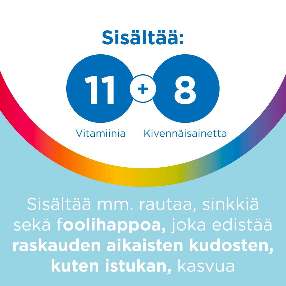 MULTI-TABS Pregnant monivitamiinitabletti sisältää 11 vitamiina ja 8 kivennäisainetta