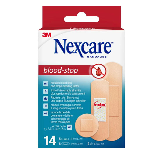 NEXCARE Blood-Stop laastari lajitelma 14 kpl pysäyttää verenvuodon nopeammin kuin perinteinen laastari