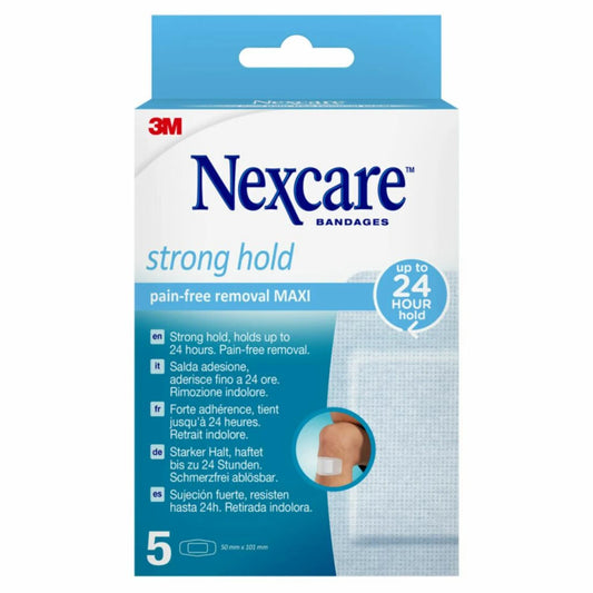 NEXCARE Strong Hold Maxi Pain-free Removal 50 mm x 101 mm 5 kpl ainulaatuisen silikoniliiman ansiosta helppo irrottaa