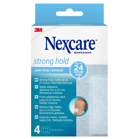NEXCARE Strong Hold Pain-free Removal laastari 76,2 mm x 101 mm 4 kpl voidaan kiinnittää uudelleen