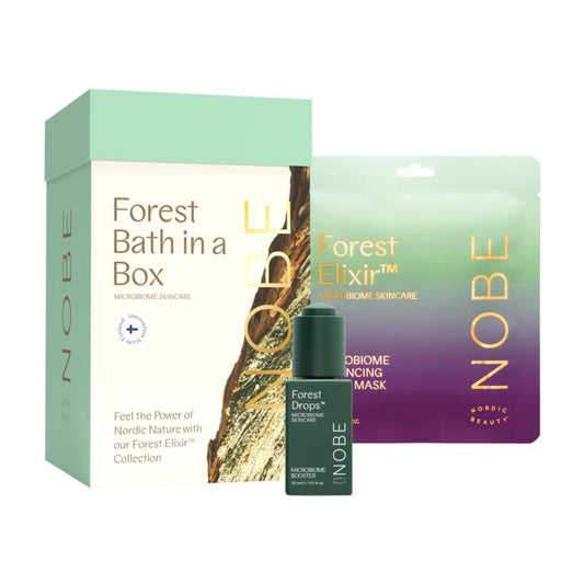NOBE Forest Bath in a Box Set 3: Forest Drops 30 ml, Sheet Mask 23 g tuotepakkaus ihon mikrobiomin tukemiseen