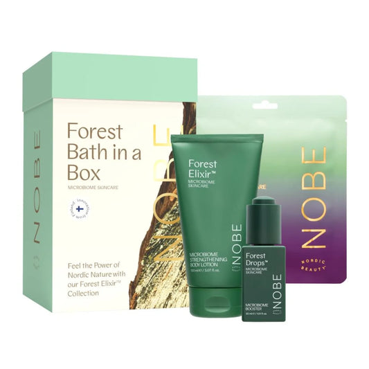 Nobe Forest Bath in a Box Set 1: Forest Drops 30 ml, Body Lotion 150 ml, Sheet Mask 23 g pakkaus ihon mikrobiomin tukemiseen