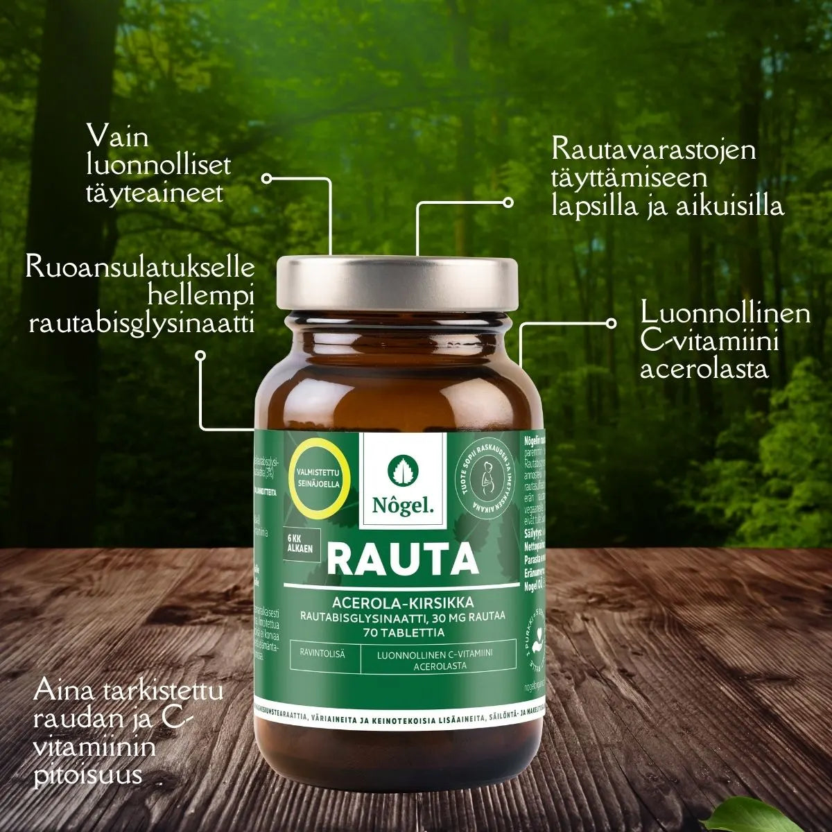 NÔGEL Rauta Acerola-kirsikka 30 mg 70 tabl rautavarastojen täydentämiseen lapsilla ja aikuisilla