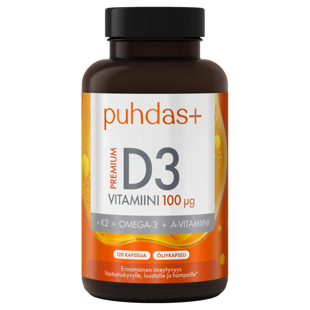 Puhdas+ Premium D3-vitamiini 100 mikrog + K2 + Omega-3 + A-vitamiini 120 kaps