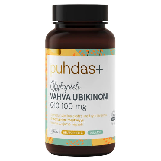 Puhdas+ Vahva Ubikinoni Q10 100 mg,  Extra-neitsytoliiviöljyssä 60 kaps