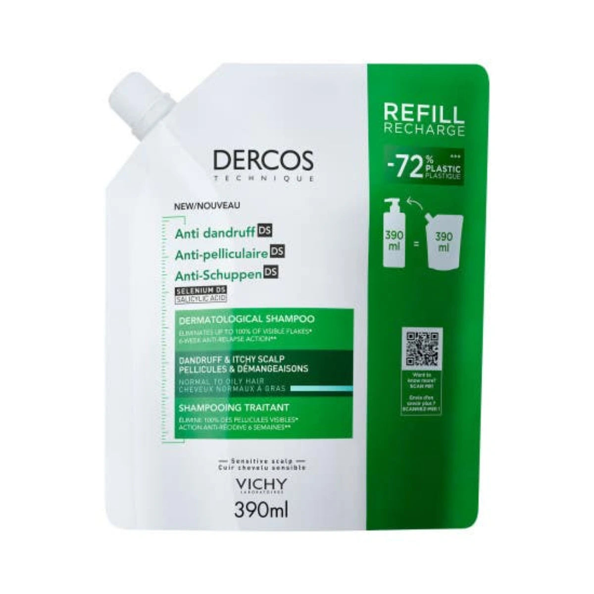 Vichy Dercos Shampoo Anti-dandruff rasvoittuville hiuksille täyttöpakkaus 390 ml