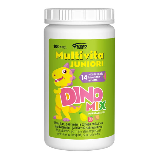 MULTIVITA Juniori Dino Mix monivitamiini 100 purutabletti, kolmen suosikkimaun makumix; mansikka, toffee ja päärynä