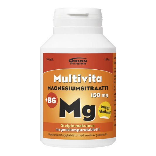 MULTIVITA Magnesiumsitraatti 150 mg + B6 greipinmakuinen purutabletti 90 kpl