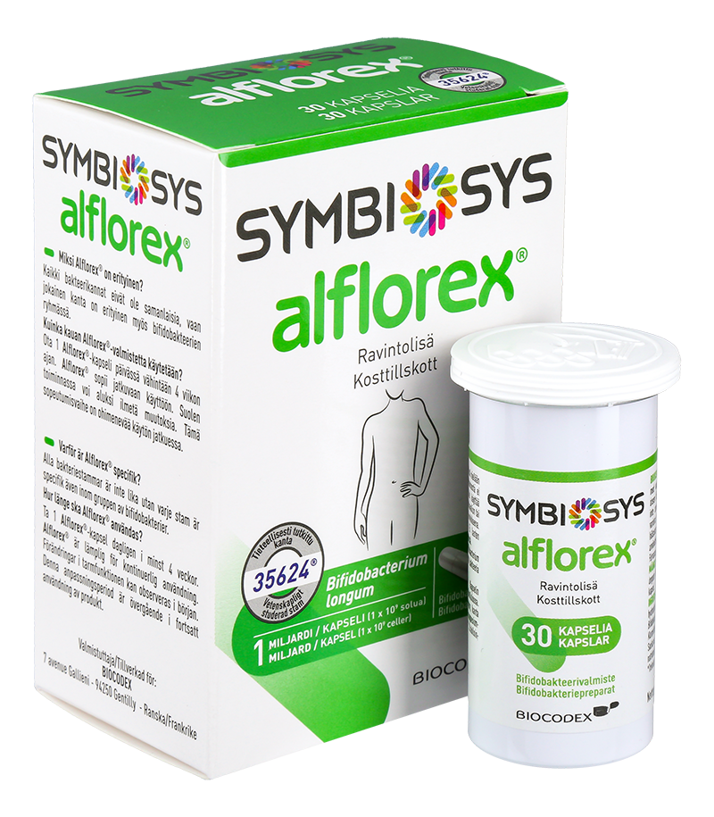 SYMBIOSYS Alflorex 30 kapselia lisää suolistolle luontaisten bifidobakteerien määrää
