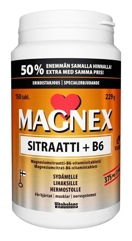 MAGNEX Sitraatti + B6-vitamiini magnesiumsitraattitabletti kampanjapakkaus 150 kpl