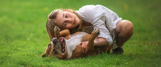 Koira ja tyttö leikkivät ruohikossa; punkkivalmisteen valinta