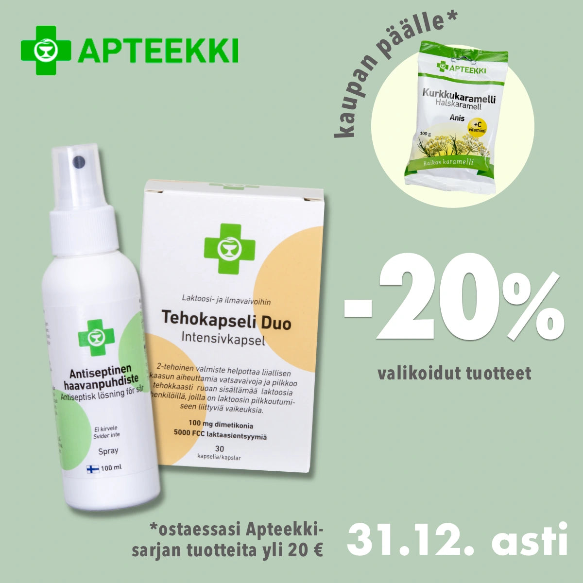 Apteekki-sarjan tuotteita -20% ja kurkkukaramelli kaupan päälle