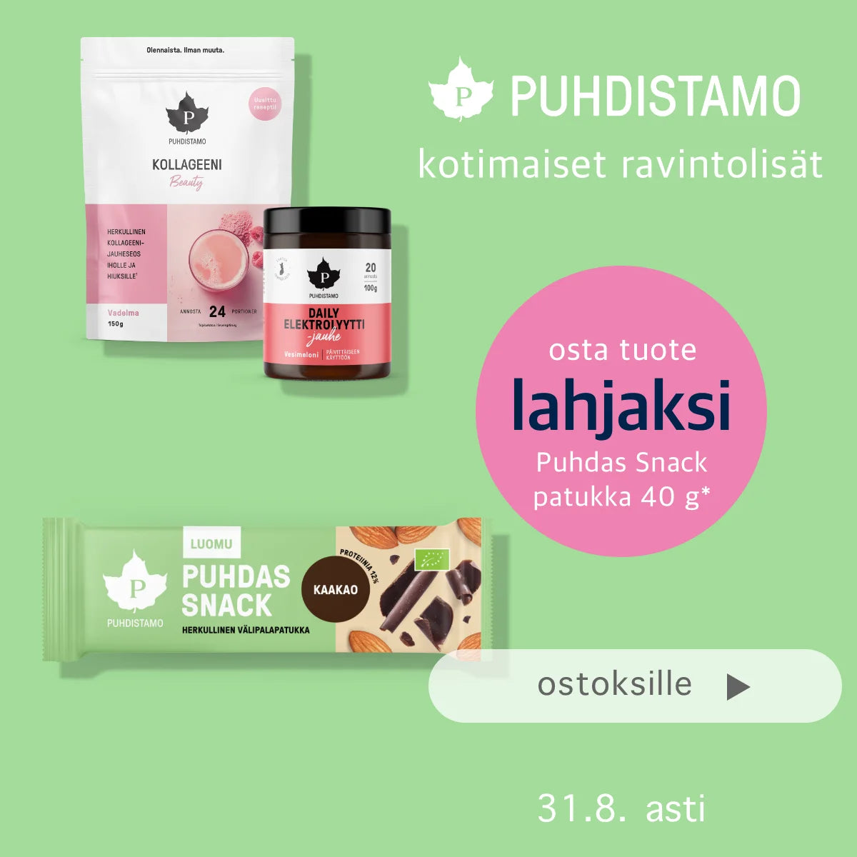 Puhdistamo-tuotteen ostajalle Snack-patukka kaupan päälle