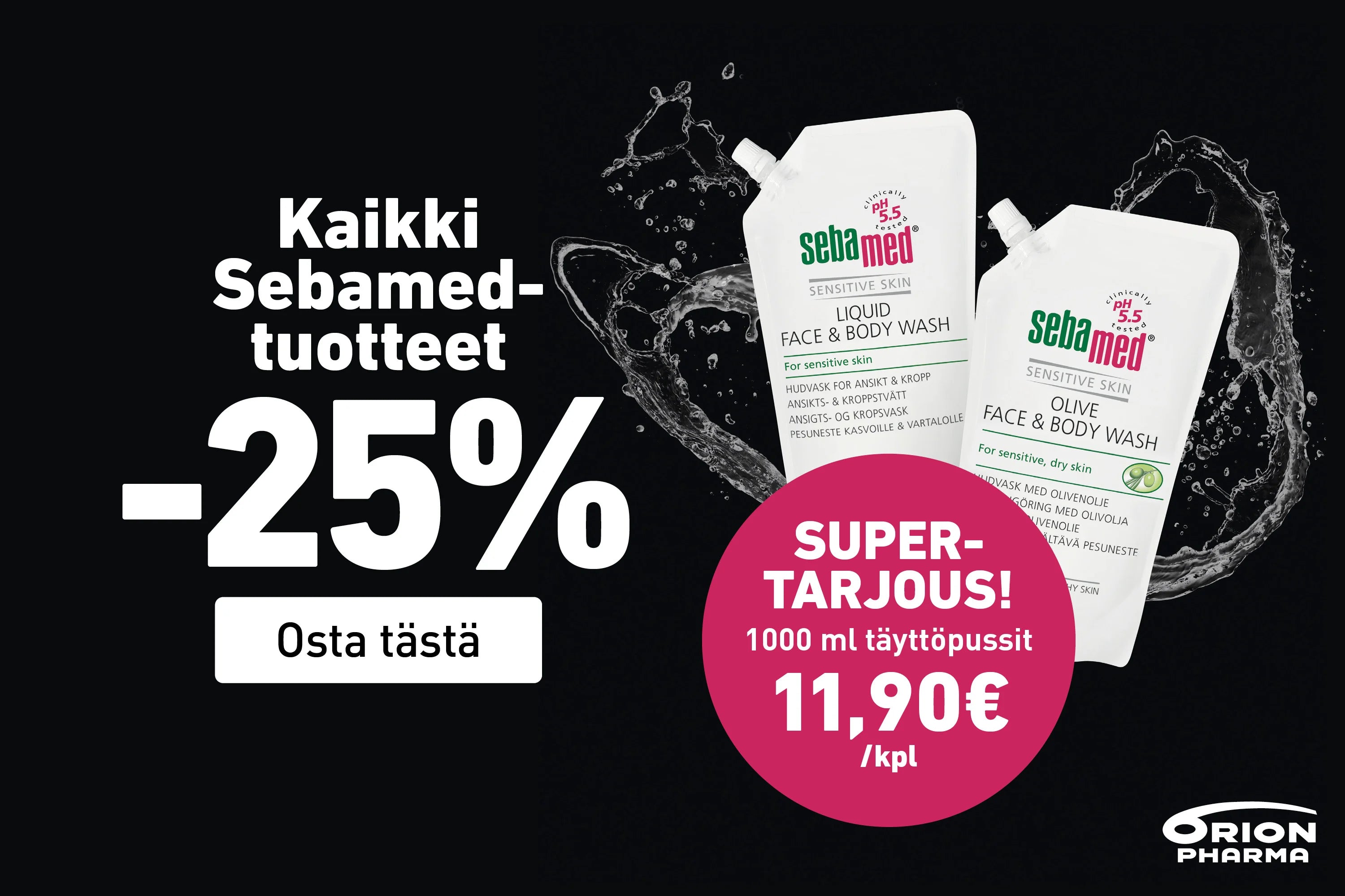 Sebamed -25% kesäkuun ajan + supertarjous 1000 ml täyttöpussit 11,90€