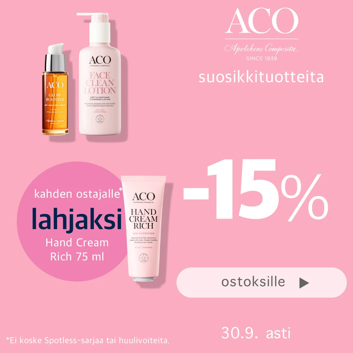 ACO-tuotteita -15%, kahden tuotteen ostajalle käsivoide kaupan päälle