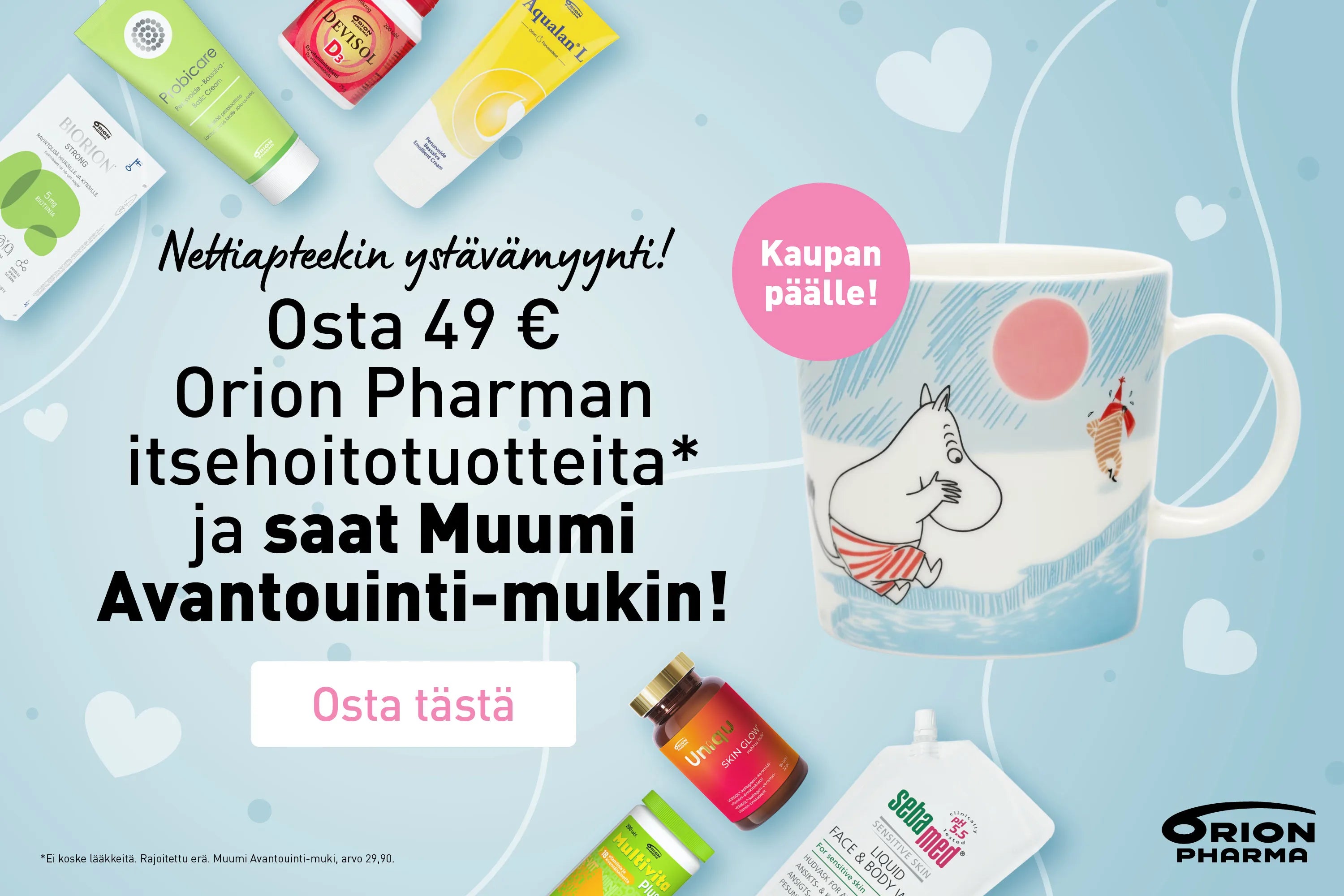Osta Orionin tuotteita 49€, saat Muumi Avantouinti -muki kaupan päälle