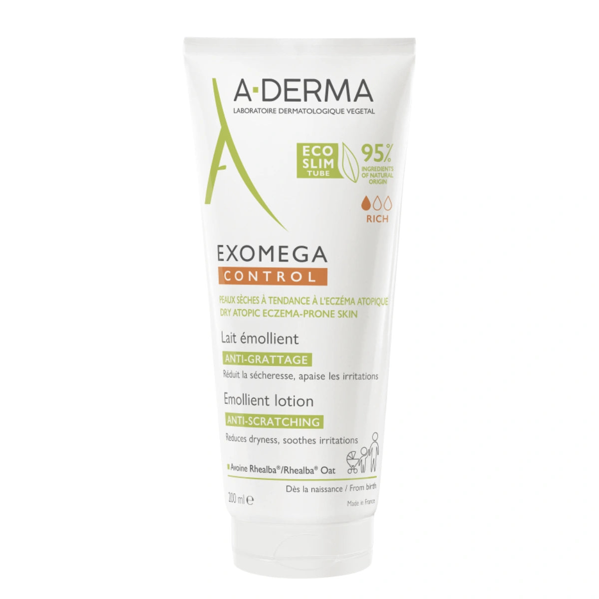 A-DERMA Exomeda Control Lotion 200 ml ihoa rauhoittava voide kuivalle ja atooppiselle iholle tuubissa