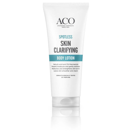 ACO Spotless Skin Clarifying Body Lotion 200 ml on voide, joka kosteuttaa ihoa samalla, kun salisyylihappo kuorii sitä.
