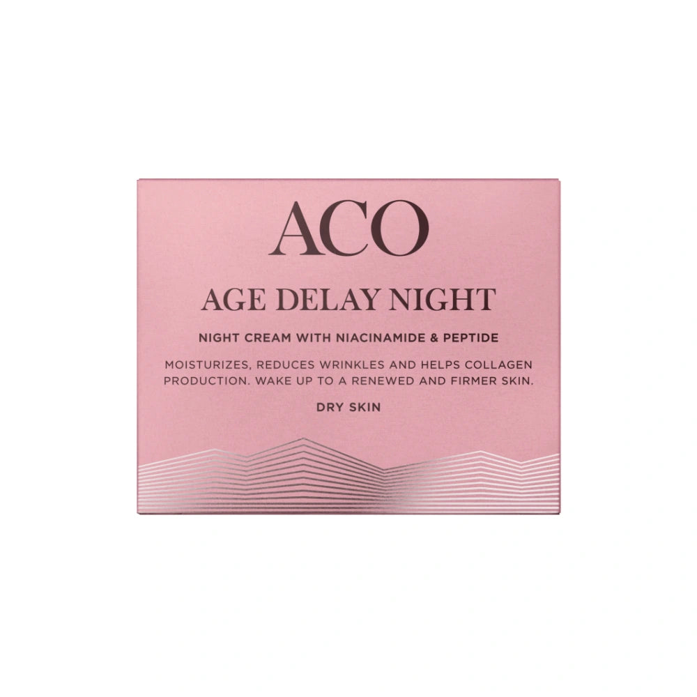 ACO Age Delay Night Cream Dry Skin yövoide 50 ml auttaa lisäämään ihon kollageenin tuotantoa ja kimmoisuutta