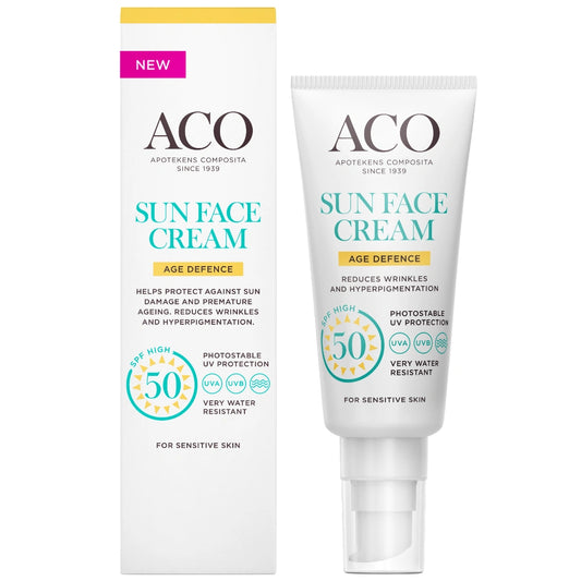 ACO Sun Face Cream Age Defence SPF50 hajusteeton aurinkosuojavoide 40 ml sisältää niasiiniamidi ja hyaluronihappoa