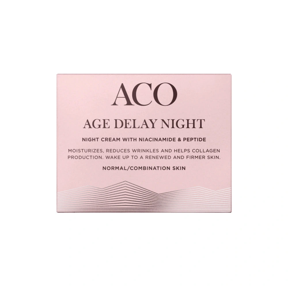 ACO Age Delay Night Cream Normal Skin yövoide 50 ml auttaa lisäämään ihon kollageenin tuotantoa ja kimmoisuutta