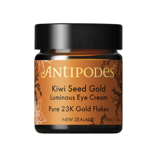 ANTIPODES Kiwi Seed Gold Luminous Eye Cream 30 ml kultahippuja sisältävä silmänympärysvoide antaa silmänympärysiholle kirkkaan ja energisen ilmeen 
