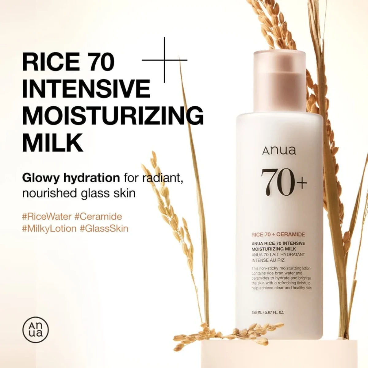 Anua Rice 70 Intensive Moisturizing Milk 150 ml sisältää riisivettä ja keramideja