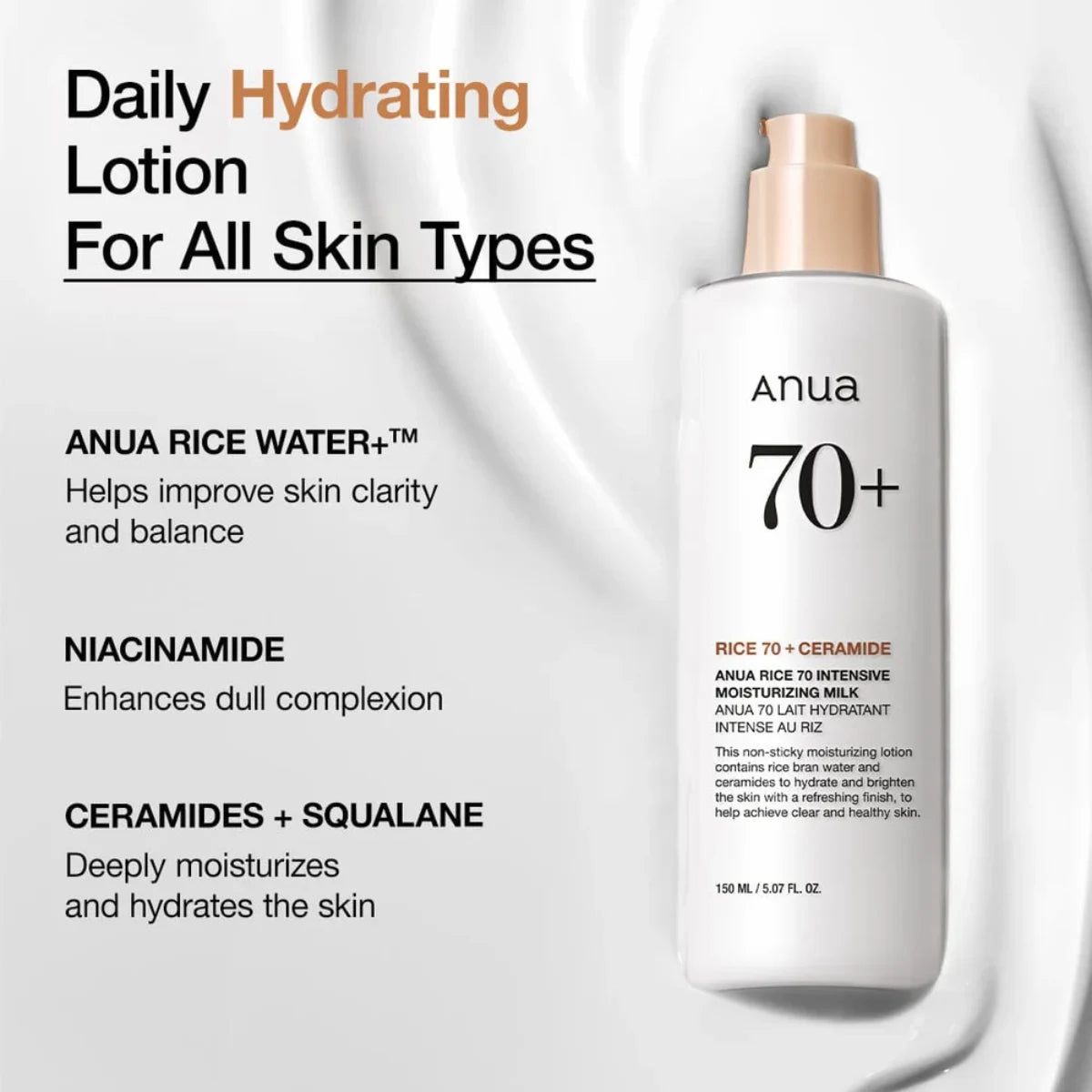 Anua Rice 70 Intensive Moisturizing Milk tasoittaa ihon sävyä ja tasapainottaa