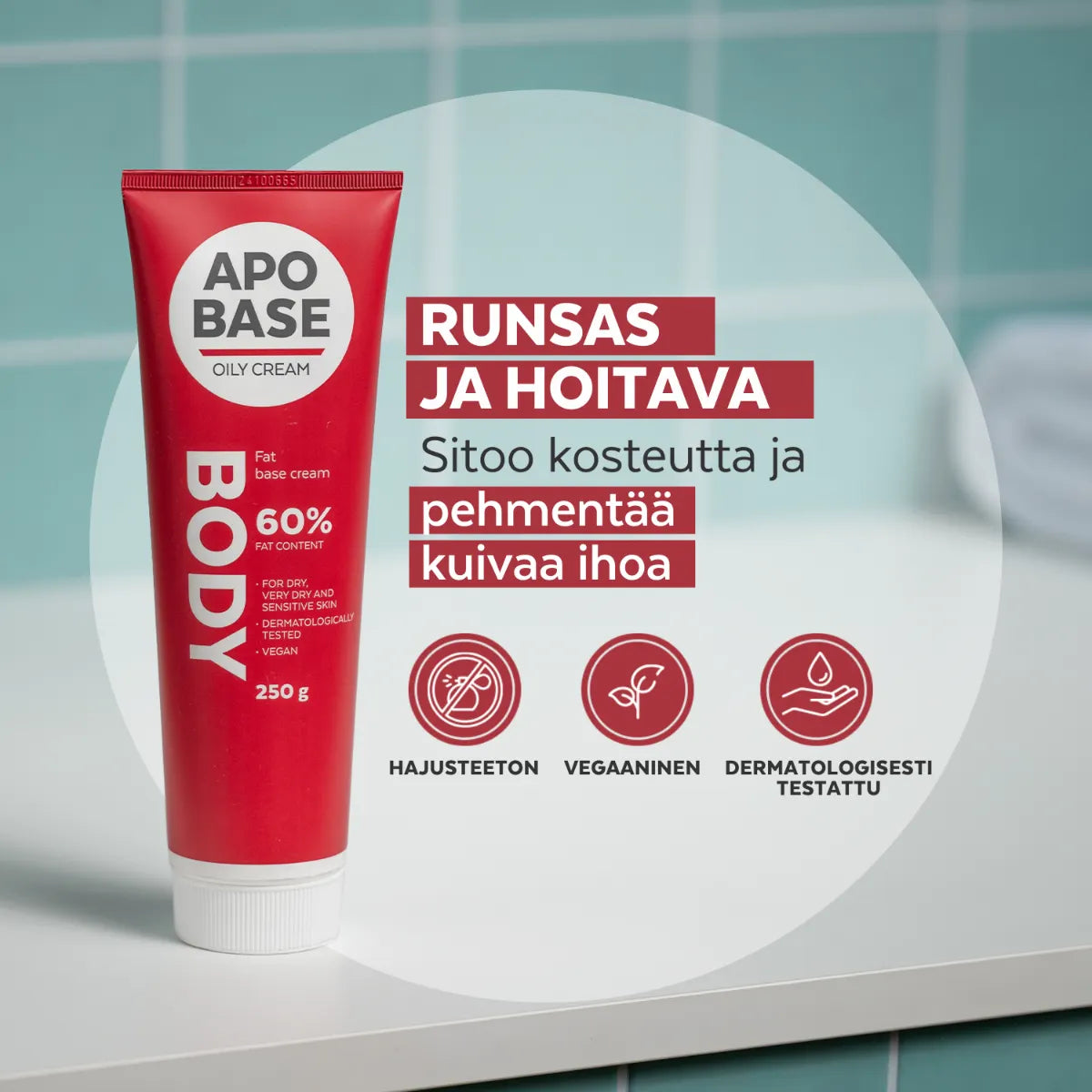 APOBASE Oily Cream 60% perusvoide on runsas ja hoitava. Pehmentää kuivaa ihoa.