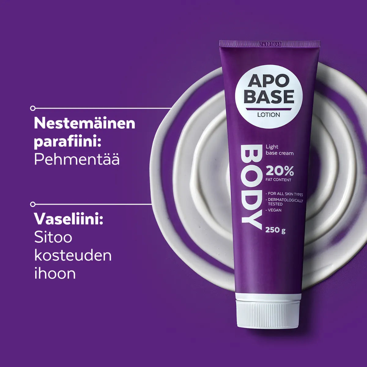 APOBASE Lotion 20% perusvoide pehmentää ihoa ja sitoo kosteuden ihoon