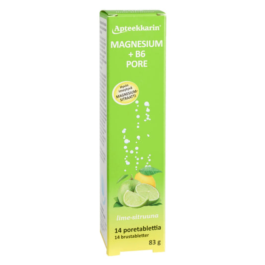 APTEEKKARIN Magnesium + B6 poretabletti 14 kpl lime-sitruunanmakuinen magnesiumsitraattivalmiste