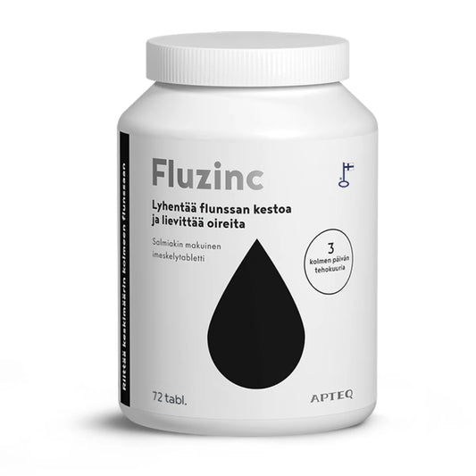APTEQ Fluzinc Salmiakki sinkkiasetaatti tabletti 72 kpl 3 päivän tehokuuri lyhentää flunssan kesto ja lievittää oireita