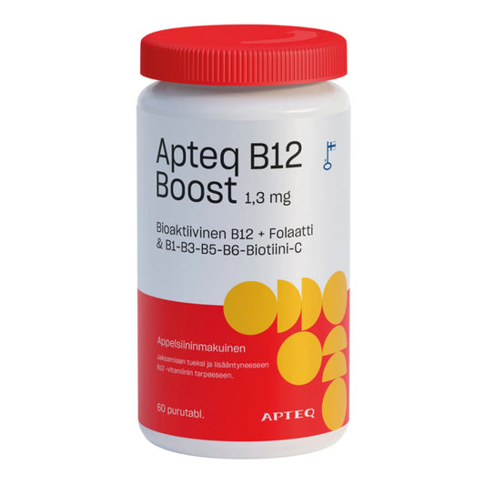 APTEQ B12 Boost 1,3 mg purutabletti 60 kpl appelsiininen makuinen B12-vitamiini jaksamisen tueksi