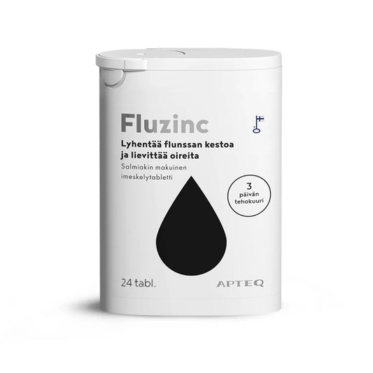 APTEQ Fluzinc Salmiakki sinkkiasetaatti tabletti 24 kpl 3 päivän tehokuuri lyhentää flunssan kestoa ja lievittää oireita