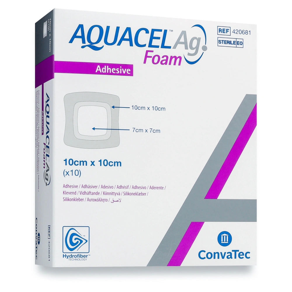AQUACEL Ag Foam Adhesive 10 cm x 10 cm kiinnittyvä vaahtosidos 10 kpl