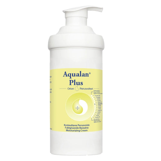 AQUALAN Plus perusvoide 500 g koostumukseltaan kevyt, mutta ihoa tehokkaasti kosteuttava voide pumppupullossa