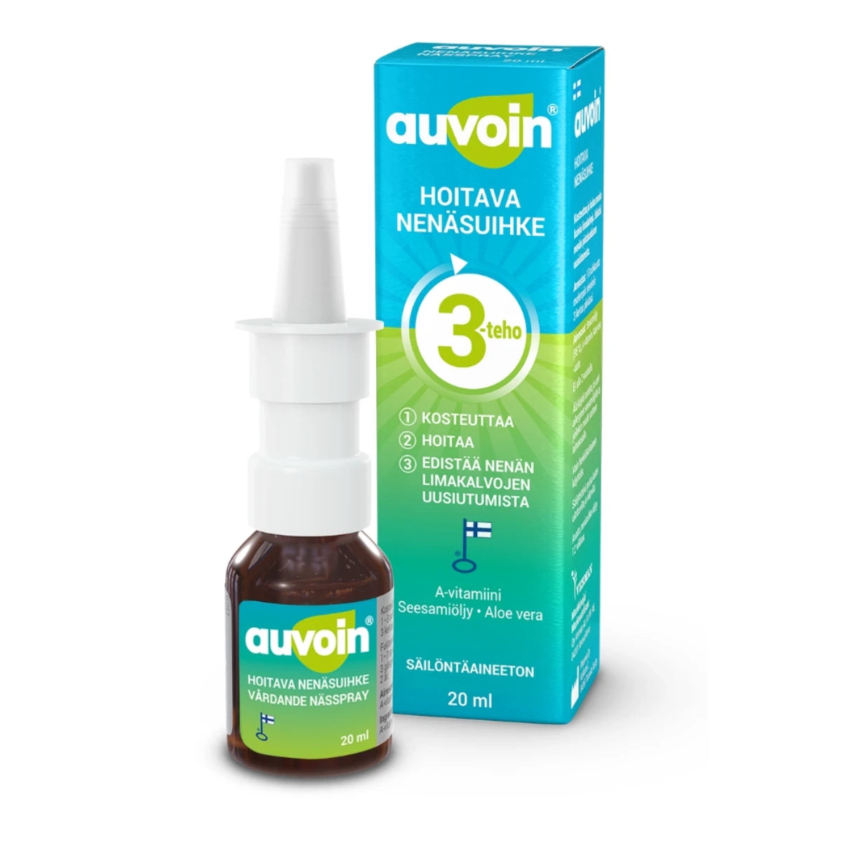 AUVOIN Hoitava A-vitamiini nenäsuihke 20 ml kosteuttamaan ja hoitamaan nenän kuivia limakalvoja sekä edistämään nenän epiteelin uusiutumista