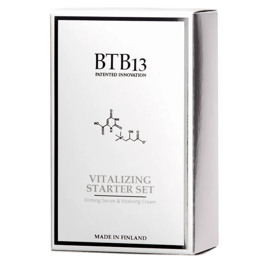 BTB13 Pro-Age Vitalizing Starter Set 15 ml + 30 ml lahjapakkaus, joka sisältää ihoa heleyttävän seerumin ja antioksidanttisen kasvovoiteen
