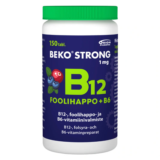 BEKO Strong B12 1 mg + Foolihappo + B6 purutabletti 150 kpl mustikka-karpalon makuinen