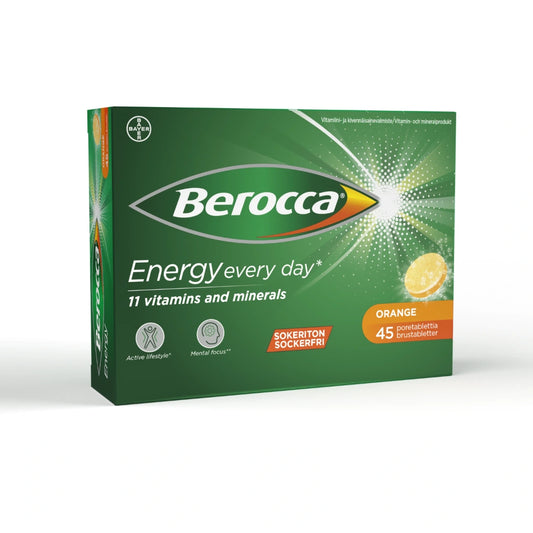 BEROCCA Energy Orange poretabletti 45 kpl sisältää 11 välttämätöntä vitamiinia ja kivennäisainetta
