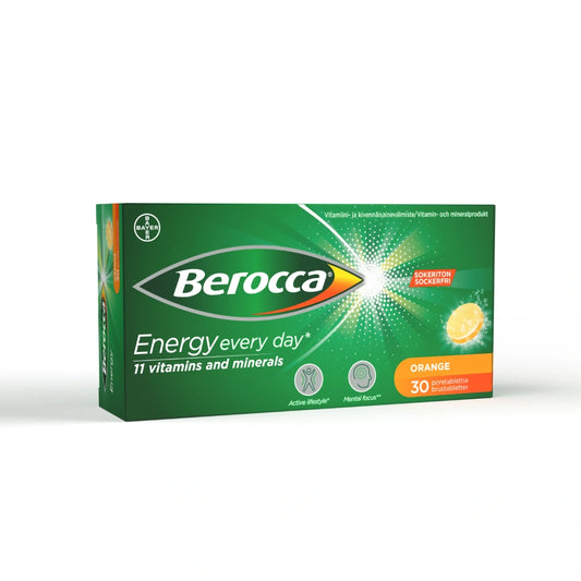 BEROCCA Energy Orange poretabletti 30 kpl sisältää 11 välttämätöntä vitamiinia ja kivennäisainetta