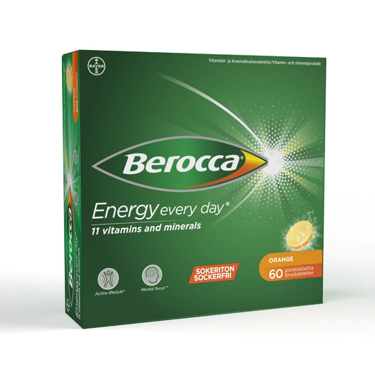 BEROCCA Energy Orange poretabletti 60 kpl sisältää 11 välttämätöntä vitamiinia ja kivennäisainetta