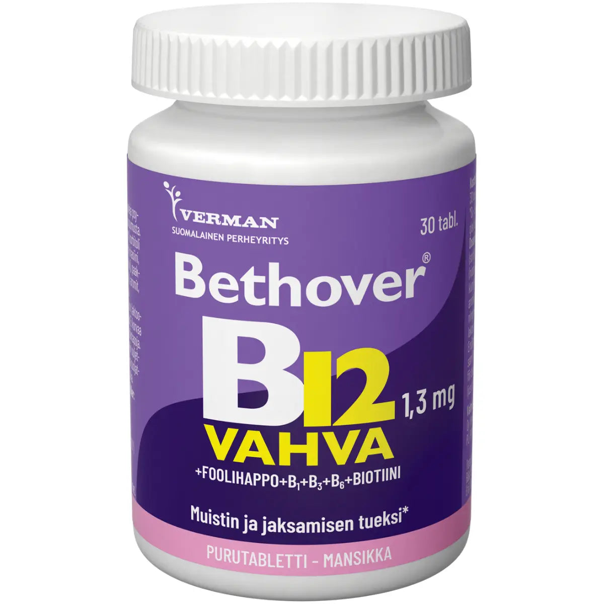 BETHOVER Strong B12 mansikka tabletti 30 kpl vahva ja monipuolinen B12-vitamiinivalmiste mansikanmakuisena purutablettina