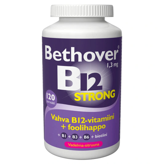 BETHOVER Strong B12 vadelma-sitruuna tabletti 120 kpl sisältää monipuolisen valikoiman B-vitamiineja