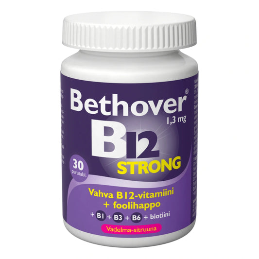 BETHOVER Strong B12 vadelma-sitruuna tabletti 30 kpl vahva ja monipuolinen B12-vitamiinivalmiste